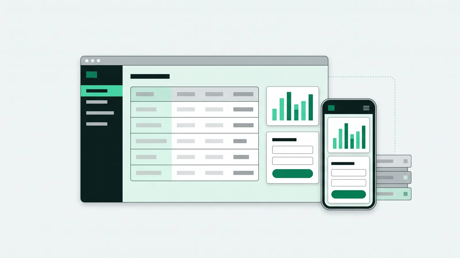 Ilustrasi vektor datar: jendela browser berisi dasbor aplikasi web dengan menu samping, tabel data, grafik batang, dan formulir bertombol hijau, ponsel dengan tampilan aplikasi yang sama, serta tumpukan server yang terhubung garis putus putus