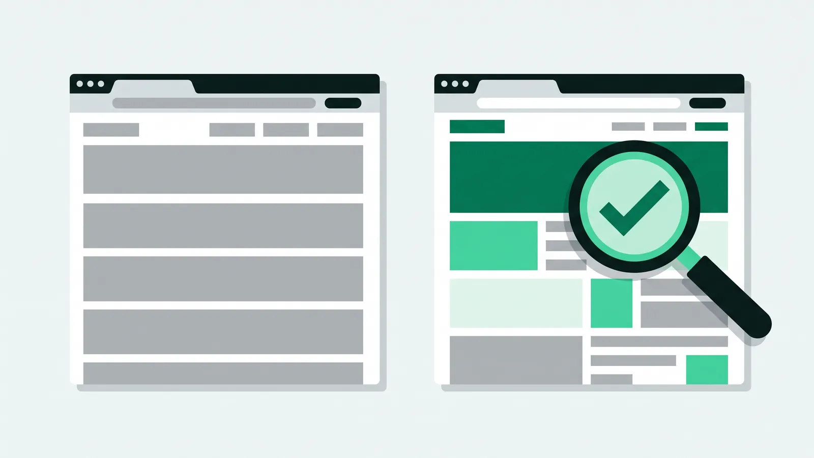 Ilustrasi vektor datar: dua jendela browser berdampingan, kiri berisi blok abu identik yang berulang, kanan berisi tata letak beragam dengan hero hijau tua, dan kaca pembesar bertanda centang di atasnya