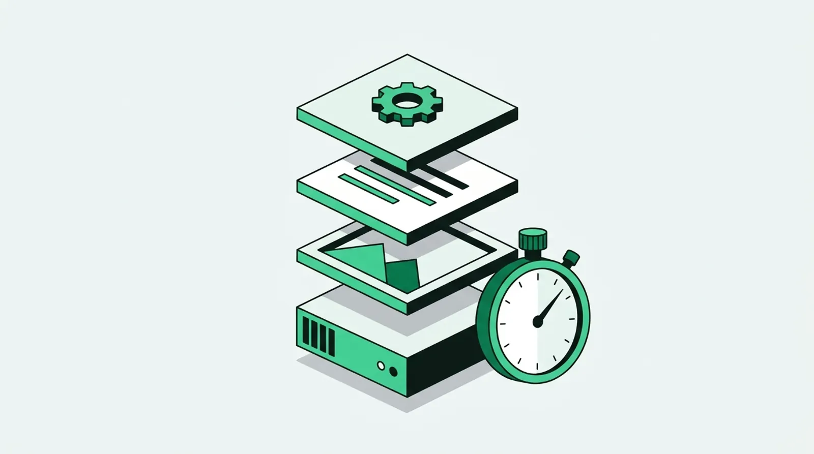 Ilustrasi vektor datar: empat lapisan halaman website berupa server, gambar, font, dan skrip yang disusun bertingkat di samping sebuah stopwatch