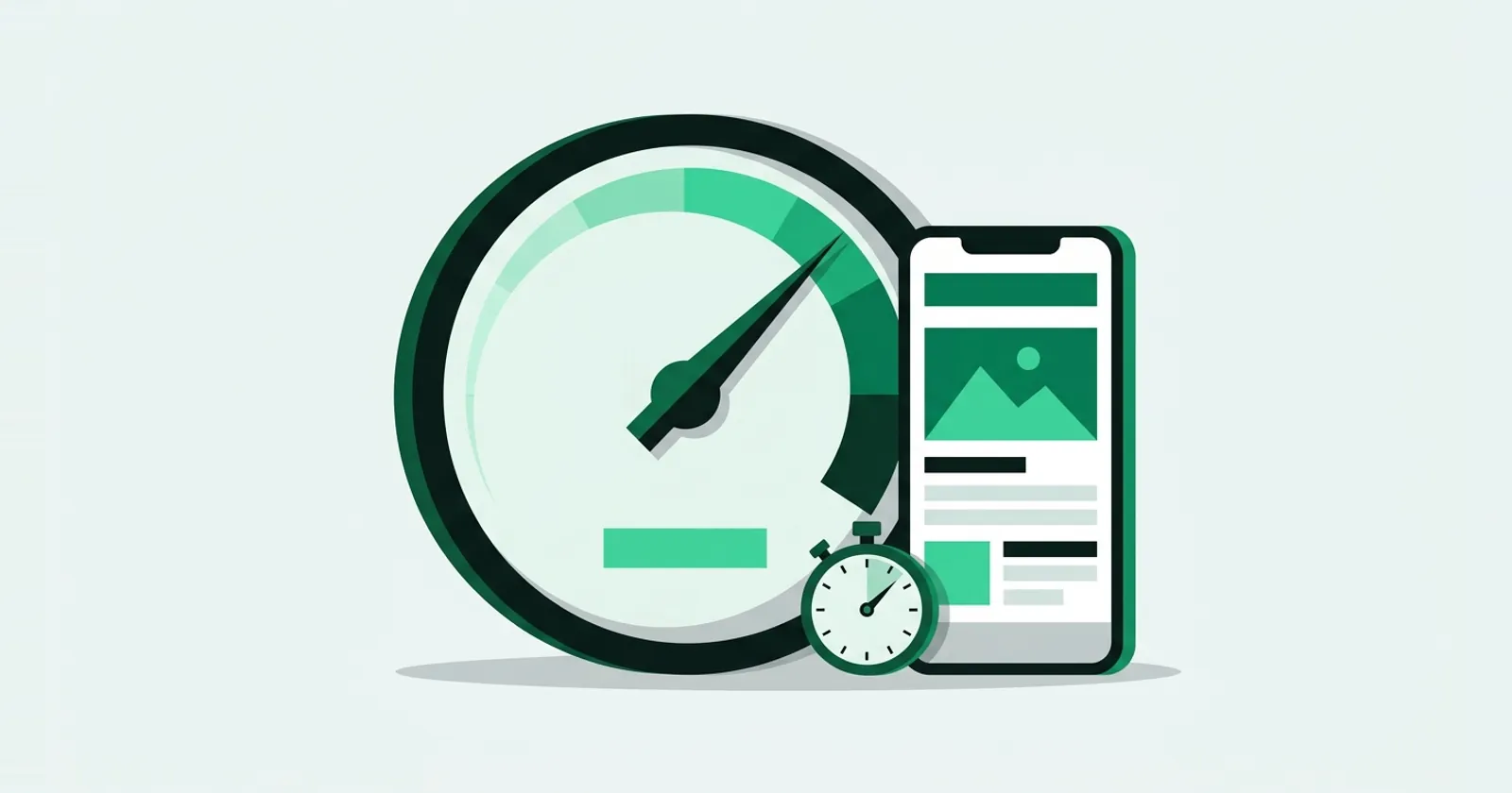 Ilustrasi vektor datar: meteran kecepatan dengan jarum di sisi cepat, ponsel berisi tata letak website sederhana, dan stopwatch kecil di bagian bawah