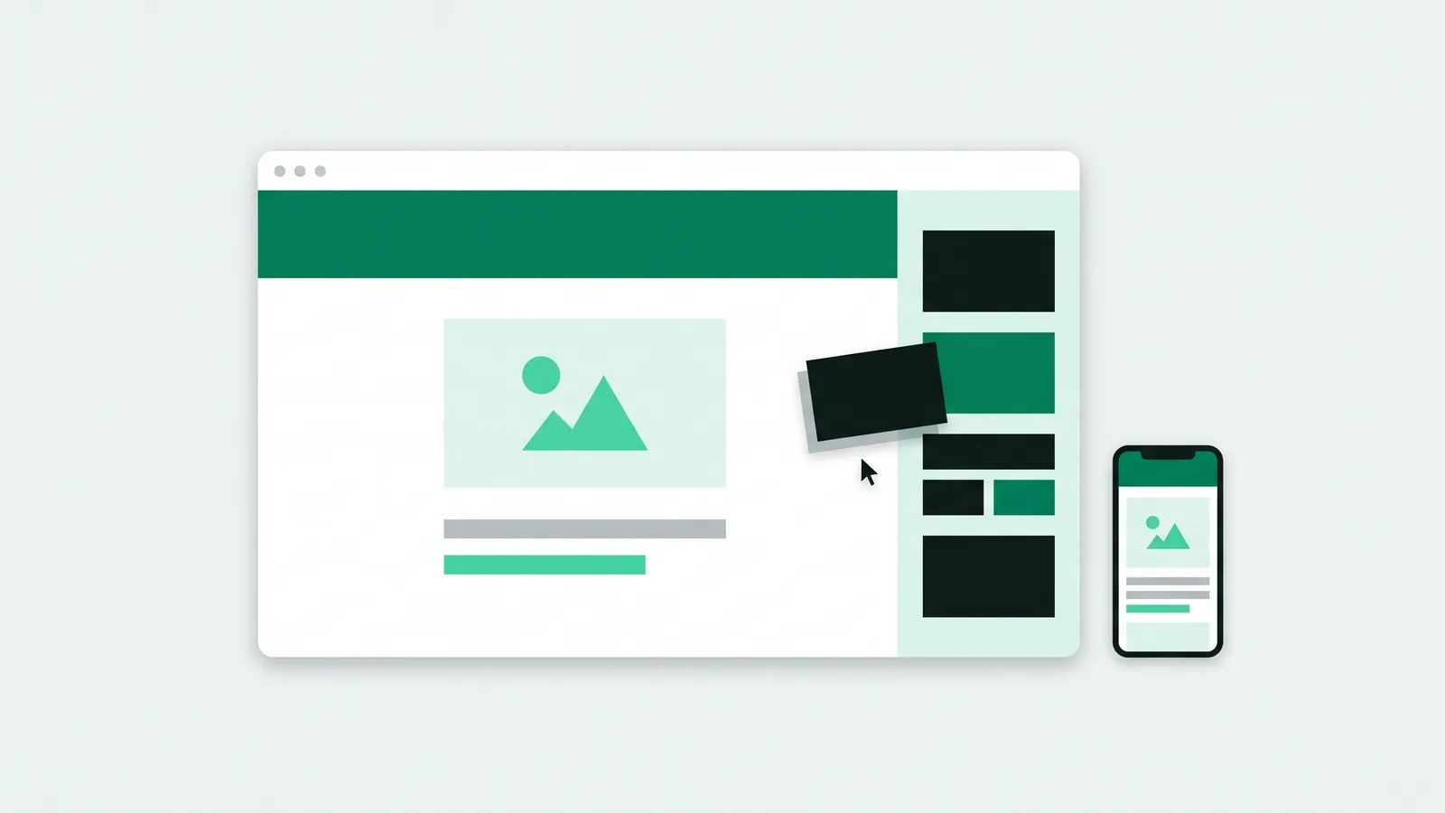 Ilustrasi vektor datar: jendela browser berisi halaman website yang sedang disusun dari blok tata letak di panel samping, dengan ponsel kecil menampilkan halaman yang sama