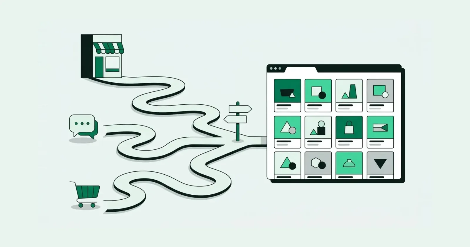Ilustrasi vektor datar: tiga jalan berkelok dari sebuah toko, gelembung pesan, dan keranjang belanja bertemu di papan penunjuk arah lalu menuju jendela browser berisi kisi kartu produk
