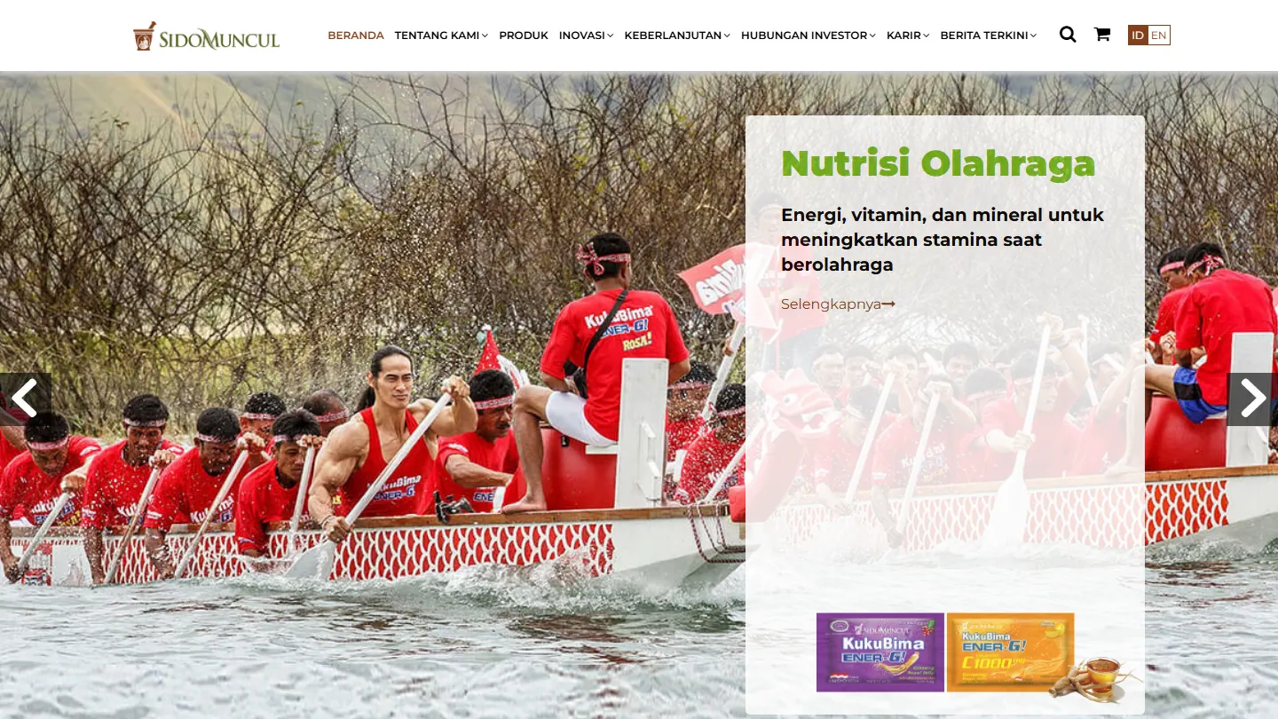 Tangkapan layar beranda sidomuncul.co.id: logo Sido Muncul, menu Beranda, Tentang Kami, Produk, Inovasi, Keberlanjutan, Hubungan Investor, Karir, Berita Terkini, slide berjudul Nutrisi Olahraga dengan foto tim perahu naga dan kemasan produk, serta tombol Himbauan di kanan bawah