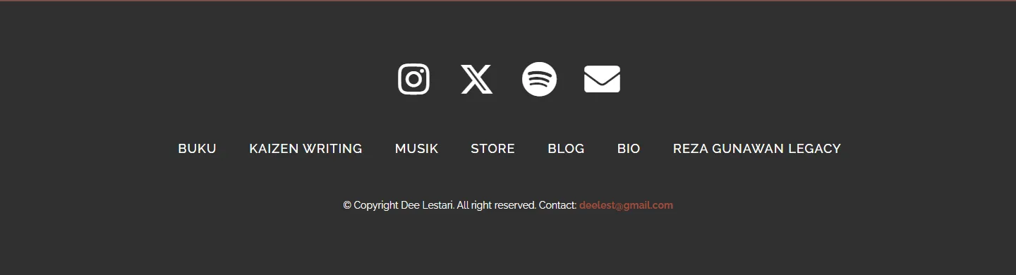 Tangkapan layar footer abu-abu gelap situs Dee Lestari: ikon Instagram, X, Spotify, dan amplop email di tengah, satu baris menu Buku, Kaizen Writing, Musik, Store, Blog, Bio, Reza Gunawan Legacy, dan baris hak cipta dengan alamat email kontak