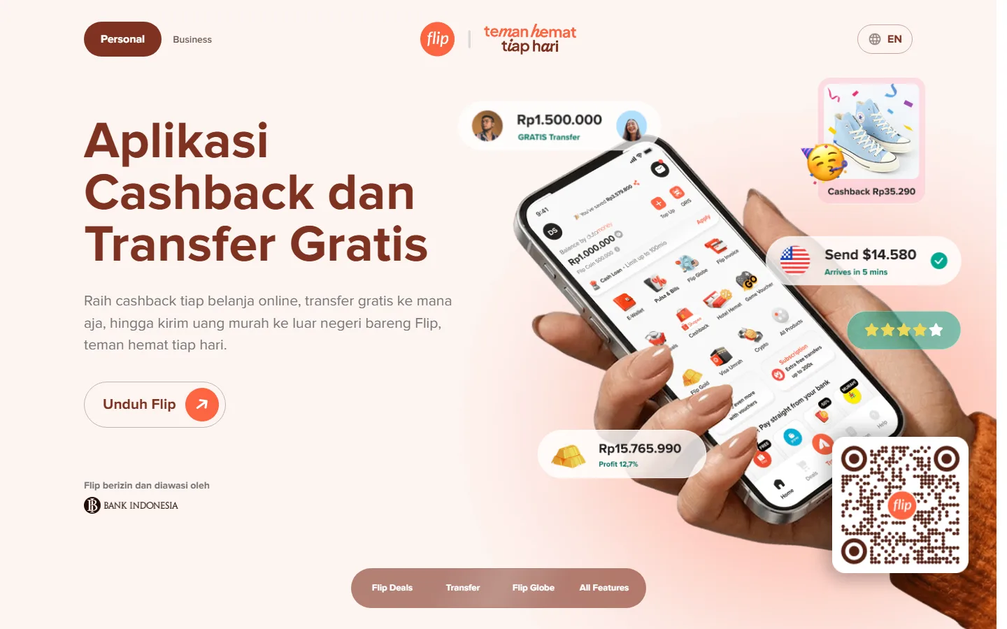 Tangkapan layar layar pertama situs Flip: judul Aplikasi Cashback dan Transfer Gratis, satu kalimat penjelas, satu tombol Unduh Flip, keterangan Flip berizin dan diawasi oleh Bank Indonesia, foto tangan memegang ponsel berisi tampilan aplikasi, kartu nominal transfer dan cashback, serta kode QR berlogo Flip