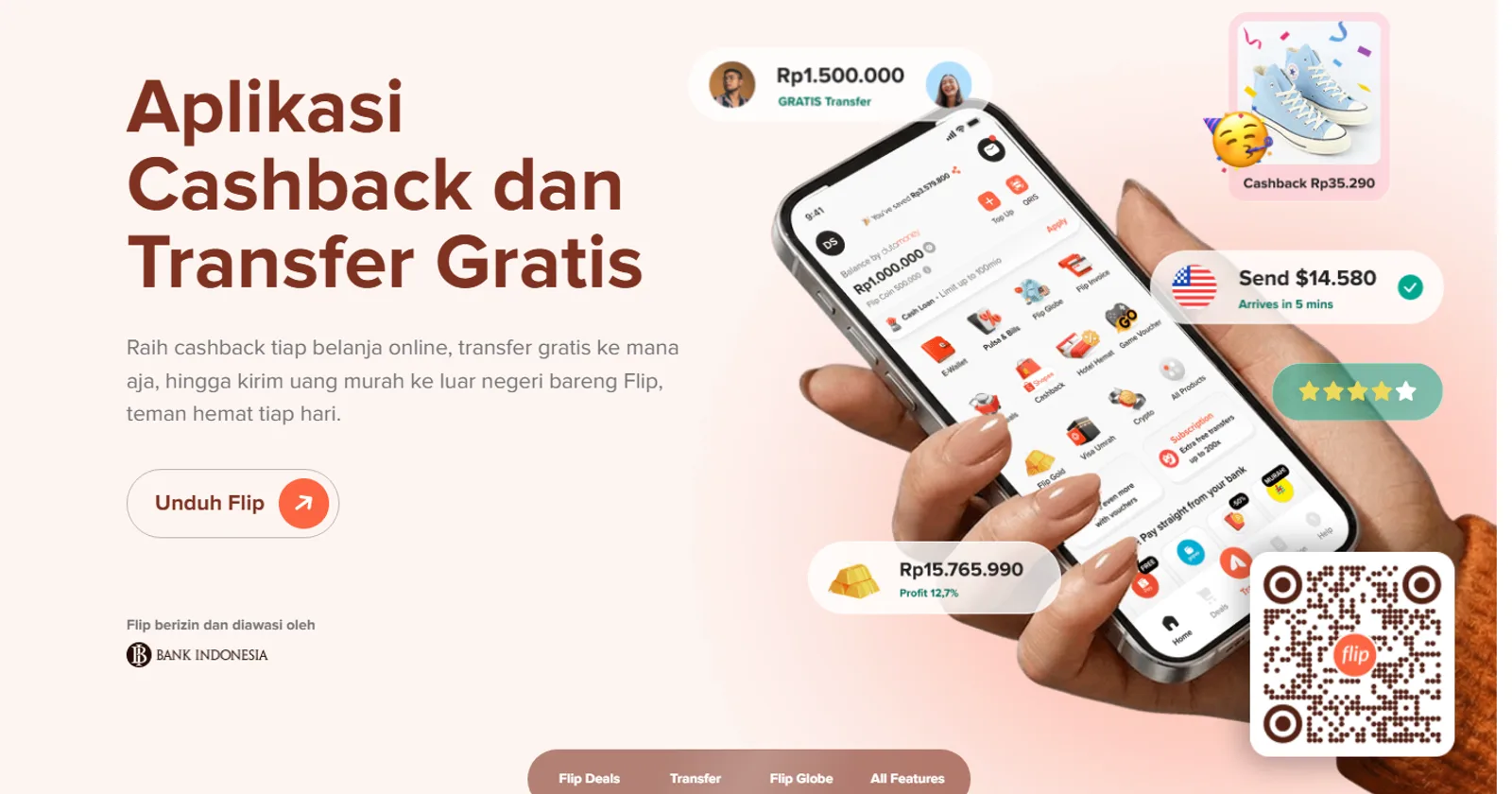 Tangkapan layar layar pertama situs Flip: judul Aplikasi Cashback dan Transfer Gratis, kalimat penjelas, tombol Unduh Flip, keterangan berizin dan diawasi Bank Indonesia, foto tangan memegang ponsel berisi aplikasi, dan kode QR