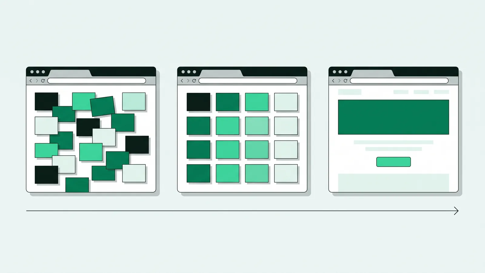 Ilustrasi vektor datar: tiga jendela browser berjajar dengan panah di bawahnya, kiri berisi blok warna berserakan tak beraturan, tengah blok yang sama tersusun rapi di grid, kanan satu blok judul hijau besar, satu tombol, dan banyak ruang kosong