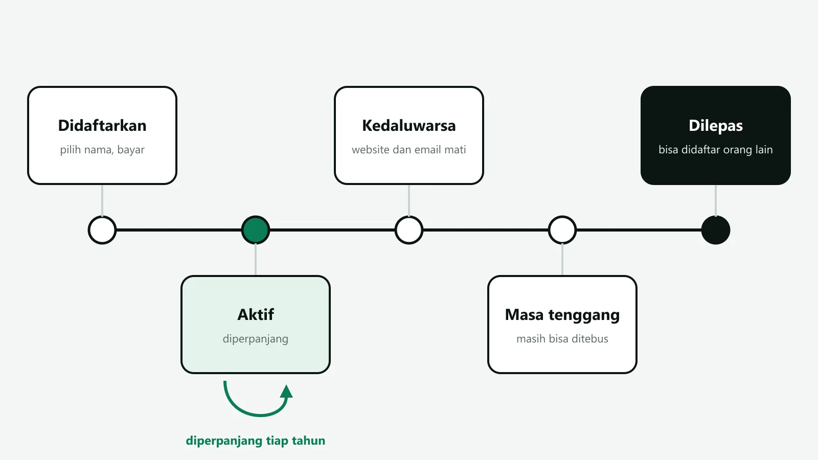 Ilustrasi garis waktu siklus hidup domain: didaftarkan, aktif dan diperpanjang setiap tahun, kedaluwarsa bila tidak diperpanjang, masa tenggang untuk menebus, lalu dilepas dan bisa didaftarkan orang lain