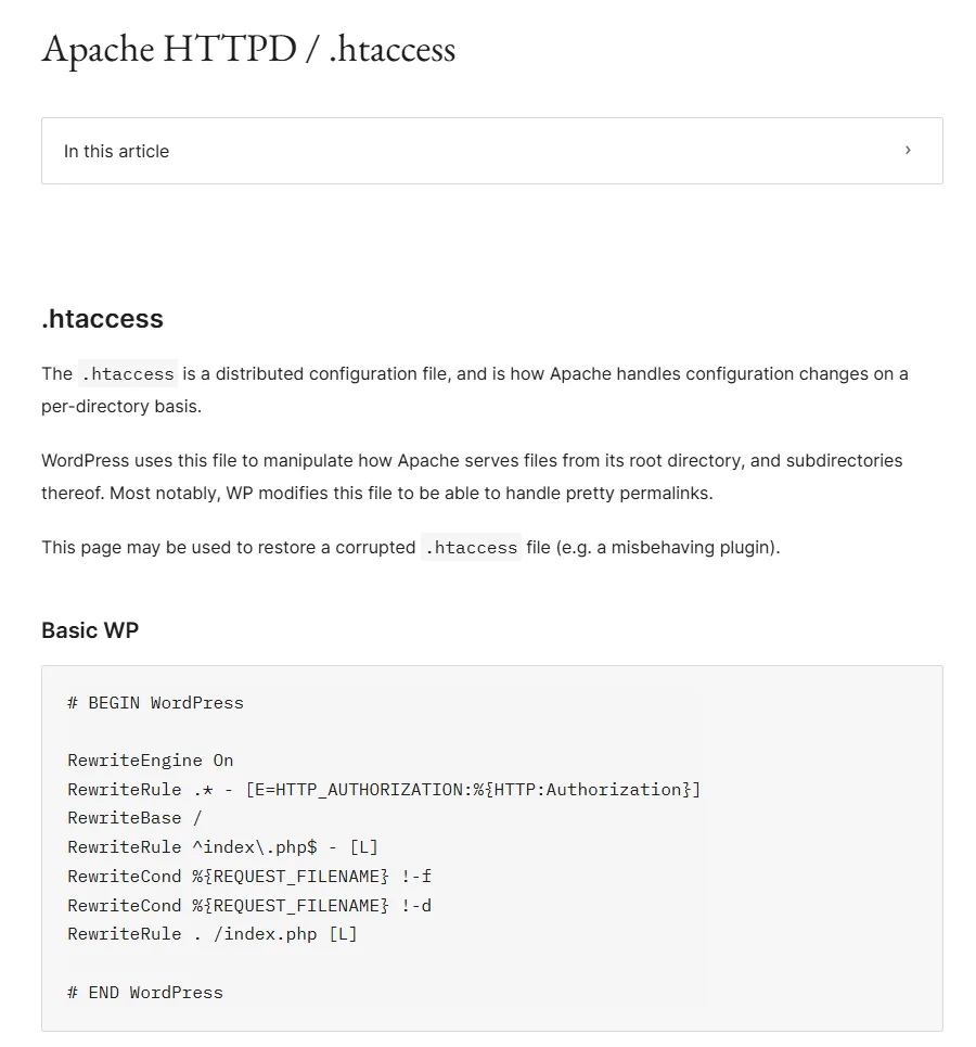 Tangkapan layar halaman Apache HTTPD .htaccess di developer.wordpress.org: judul halaman, penjelasan bahwa htaccess adalah berkas konfigurasi terdistribusi yang dipakai WordPress untuk permalink, lalu bagian Basic WP berisi blok kode BEGIN WordPress sampai END WordPress