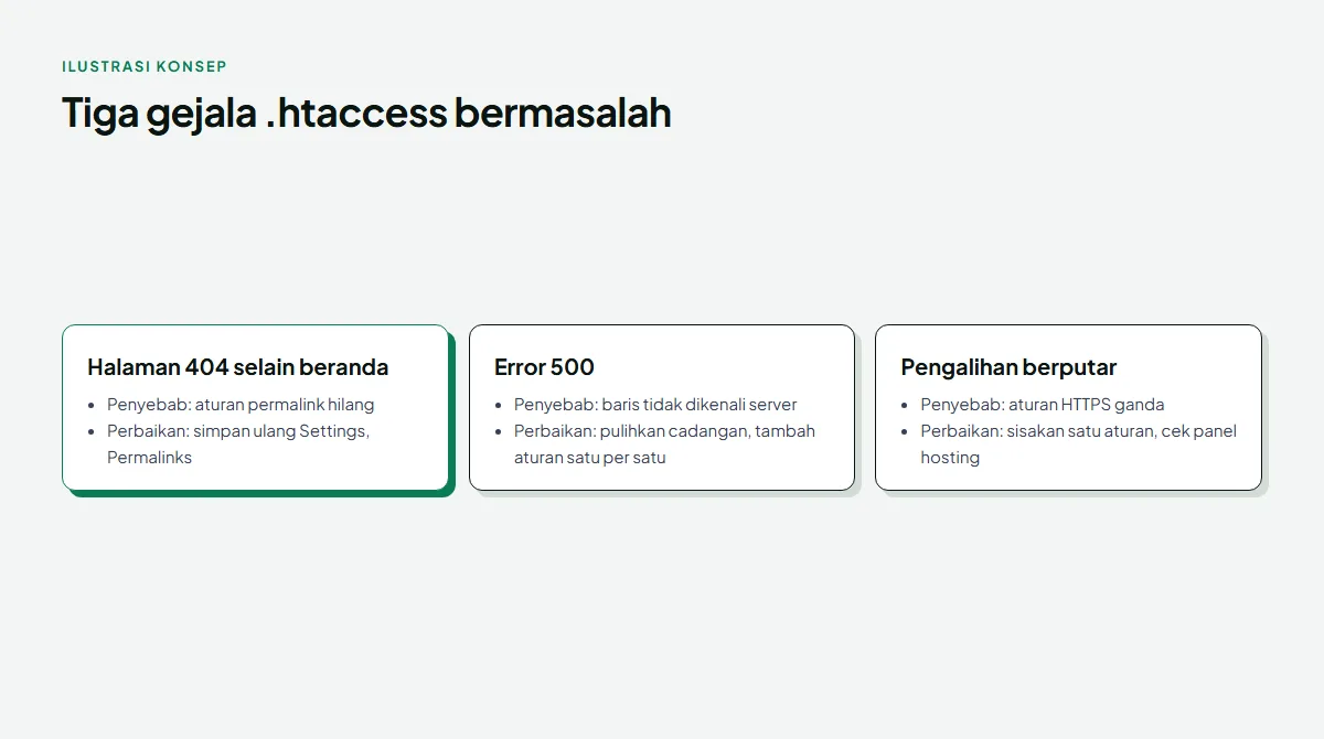 Diagram tiga gejala htaccess bermasalah beserta penyebab dan perbaikannya: halaman 404 selain beranda karena aturan permalink hilang, perbaiki dengan menyimpan ulang permalink; error 500 karena baris tidak dikenali server, perbaiki dengan memulihkan cadangan; pengalihan berputar karena aturan HTTPS ganda, perbaiki dengan menyisakan satu aturan