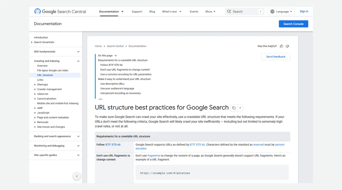 Tangkapan layar halaman URL structure best practices for Google Search di Google Search Central dengan daftar isi berisi Follow IETF STD 66, Don't use URL fragments to change content, Use descriptive URLs, Use your audience's language, dan Use percent encoding as necessary