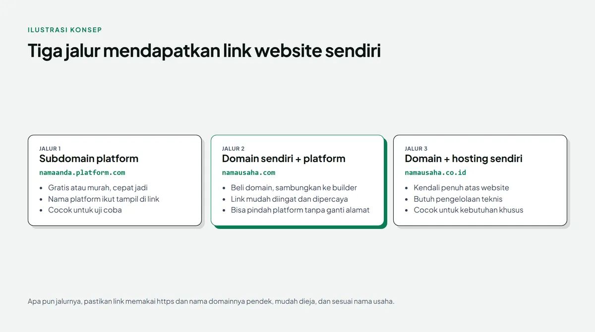 Diagram tiga kartu berjudul Tiga jalur mendapatkan link website sendiri: subdomain platform, domain sendiri ditambah platform yang disorot hijau, dan domain ditambah hosting sendiri, masing masing dengan contoh alamat dan tiga poin kelebihan atau batas