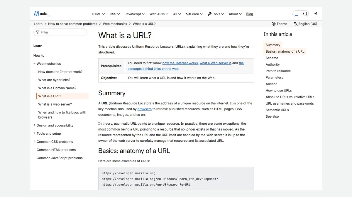 Tangkapan layar halaman What is a URL? di MDN Web Docs dengan bagian Summary yang mendefinisikan URL sebagai alamat sumber daya unik di internet, judul Basics: anatomy of a URL, dan daftar isi berisi Scheme, Authority, Path to resource, Parameters, dan Anchor