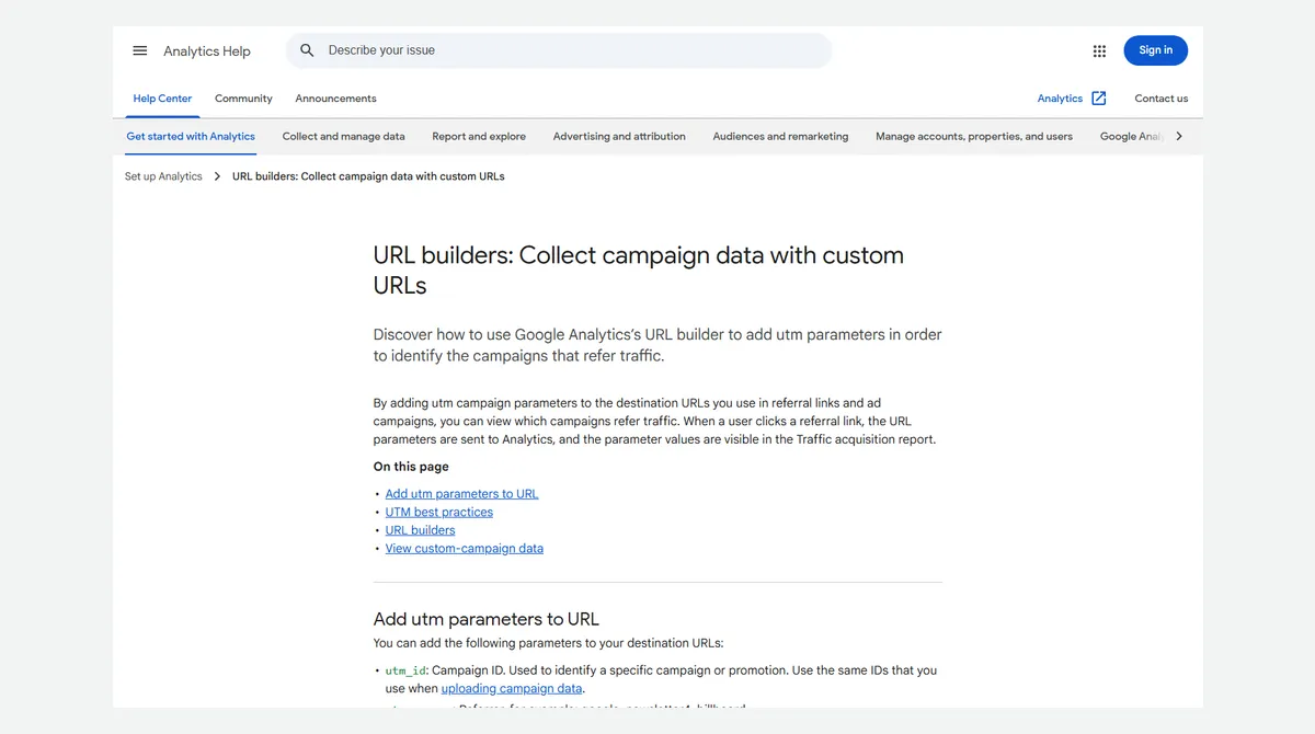 Tangkapan layar halaman bantuan Google Analytics berjudul URL builders: Collect campaign data with custom URLs, berisi penjelasan parameter UTM, daftar isi halaman, dan bagian Add utm parameters to URL