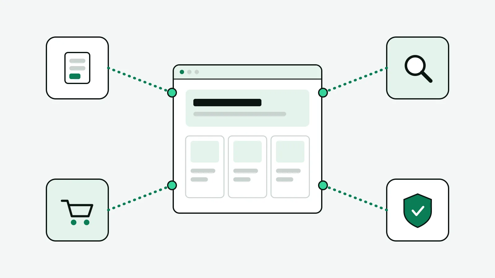 Ilustrasi vektor datar: jendela website di tengah dengan beberapa modul berbentuk kepingan yang dipasang ke sisinya, yaitu formulir, keranjang belanja, kaca pembesar, dan perisai