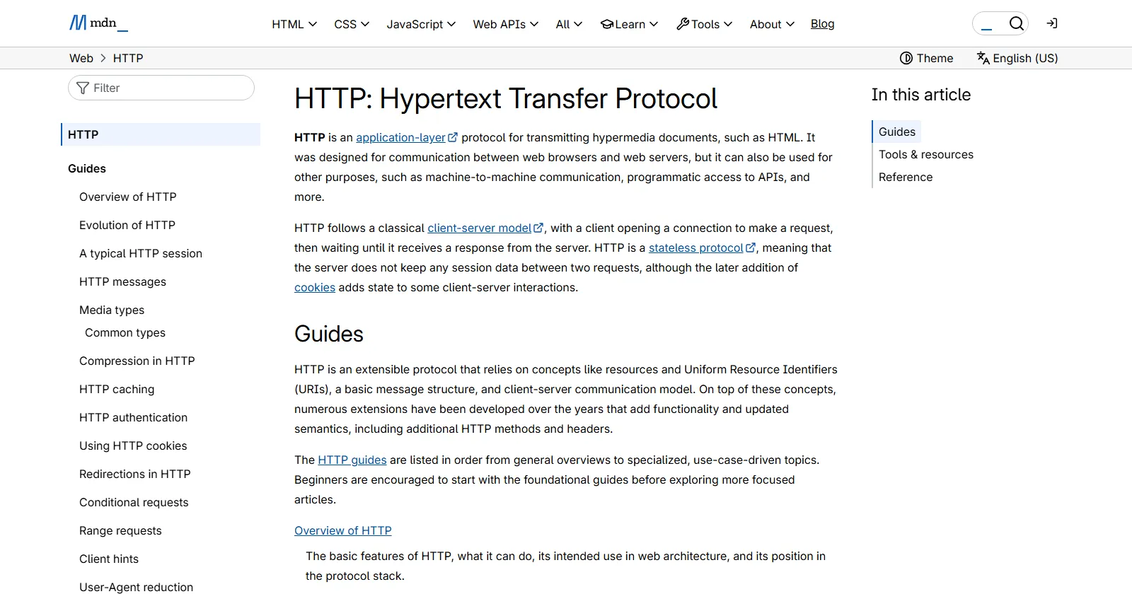 Tangkapan layar halaman HTTP: Hypertext Transfer Protocol di MDN: definisi HTTP sebagai protokol lapisan aplikasi untuk mengirim dokumen hipermedia seperti HTML antara browser dan web server, penjelasan model klien server dan protokol tanpa status, bagian Guides, serta menu samping berisi Overview of HTTP, HTTP messages, HTTP caching, dan topik lain