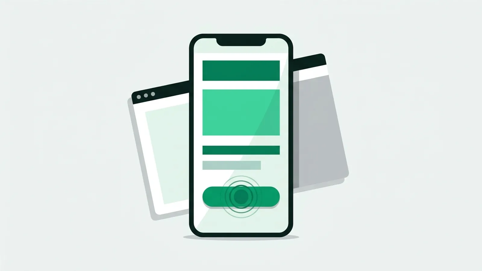 Ilustrasi vektor datar: layar ponsel berisi halaman usaha dengan satu tombol besar di sepertiga bawah yang sedang diketuk, dengan dua jendela browser di belakangnya
