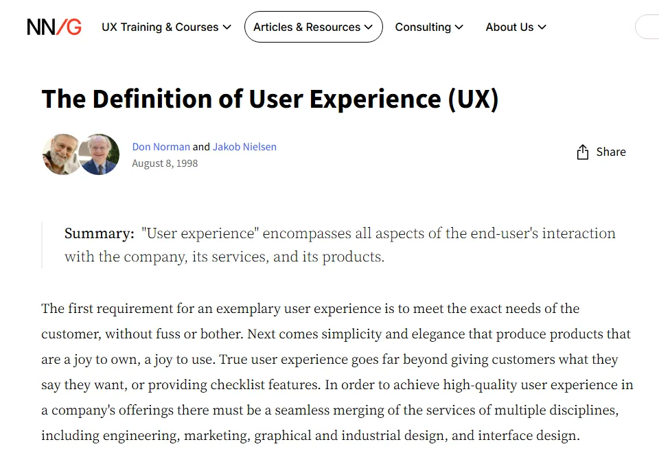 Tangkapan layar artikel The Definition of User Experience (UX) di situs NN/g: judul artikel, nama penulis Don Norman dan Jakob Nielsen dengan tanggal August 8, 1998, kotak Summary yang berbunyi User experience encompasses all aspects of the end-user's interaction with the company, its services, and its products, dan paragraf pembuka artikel