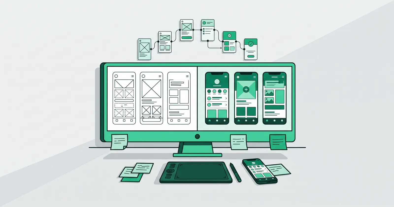 Ilustrasi vektor datar: monitor besar menampilkan tiga wireframe layar aplikasi di kiri dan tiga versi desain jadinya berwarna hijau di kanan, deretan kartu layar yang tersambung alur di atas monitor, catatan tempel, tablet pena dengan stylus, dan ponsel yang menampilkan tata letak yang sama