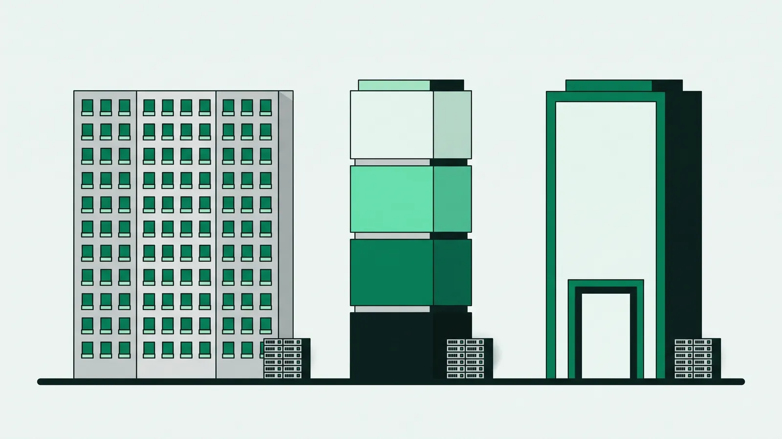 Ilustrasi vektor datar: tiga bangunan berjajar di satu garis dasar, blok apartemen abu dengan banyak jendela kecil, menara yang terbagi empat bagian warna berbeda, dan menara tunggal bergaris hijau dengan satu pintu besar, masing-masing dengan rak server kecil di dasarnya