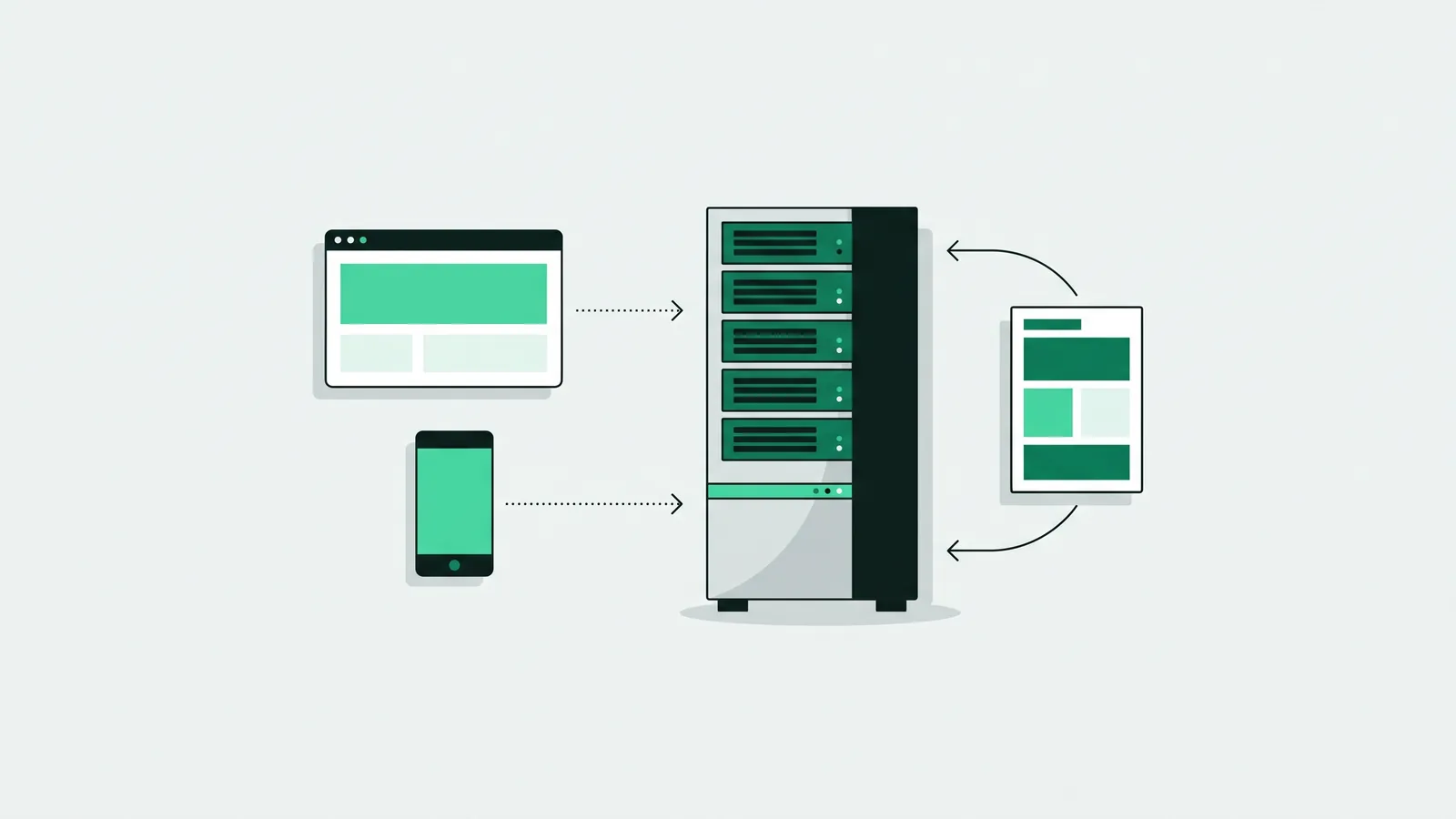 Ilustrasi vektor datar: menara server hijau tua dengan deretan slot dan lampu kecil, jendela browser dan ponsel di kiri mengirim panah titik-titik ke arahnya, dan kartu halaman di kanan dengan panah melengkung kembali ke menara