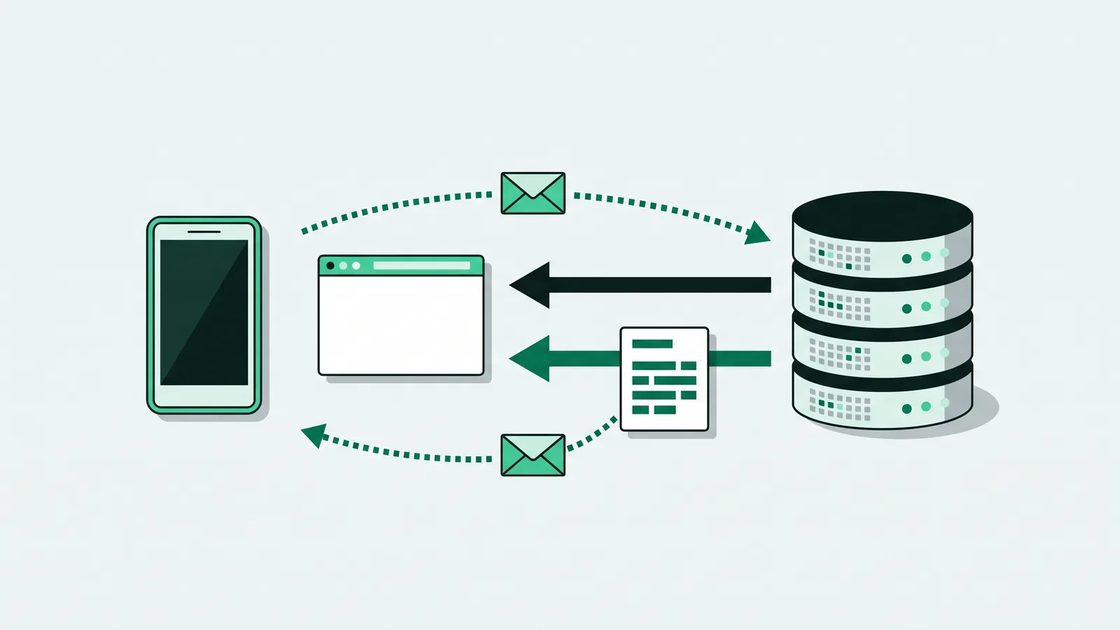 Ilustrasi vektor datar: ponsel dan jendela browser di kiri mengirim amplop lewat panah titik-titik ke tumpukan server di kanan, dan server mengirim kembali kartu dokumen berisi baris data