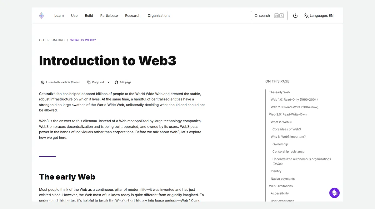 Tangkapan layar halaman Introduction to Web3 di ethereum.org dengan paragraf pembuka tentang sentralisasi web dan Web3 sebagai jawabannya, serta daftar isi On this page berisi Web 1.0 Read-Only, Web 2.0 Read-Write, Web 3.0 Read-Write-Own, Core ideas of Web3, dan Web3 limitations