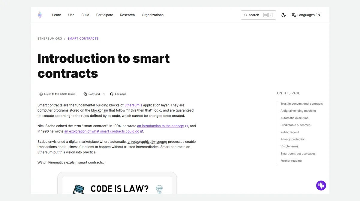 Tangkapan layar halaman Introduction to smart contracts di ethereum.org yang mendefinisikan smart contract sebagai program komputer di blockchain dengan logika if this then that, menyebut Nick Szabo mencetuskan istilahnya pada 1994, dan daftar isi berisi A digital vending machine dan Smart contract use cases