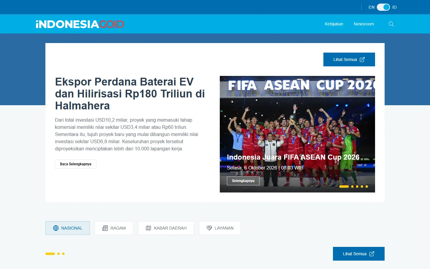 Tangkapan layar beranda indonesia.go.id: logo Indonesia.go.id, menu Kebijakan dan Newsroom, berita utama tentang ekspor baterai kendaraan listrik di Halmahera dengan tombol Baca Selengkapnya, slide berita bergambar, dan tombol kategori Nasional, Ragam, Kabar Daerah, serta Layanan