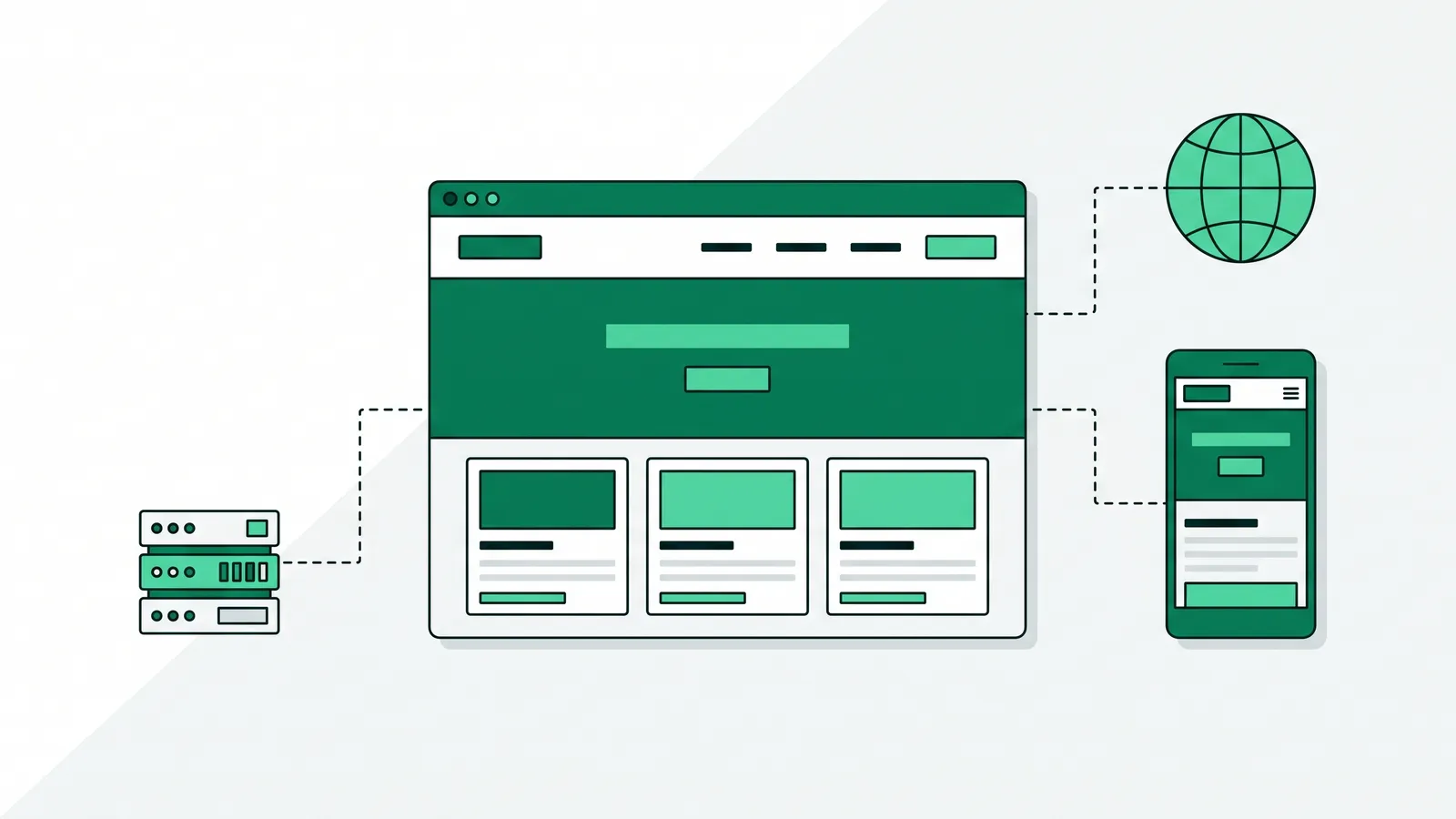 Ilustrasi vektor datar: jendela browser berisi tata letak beranda website dengan menu, blok utama, dan tiga kartu, terhubung garis putus putus ke server, bola dunia, dan ponsel yang menampilkan website yang sama