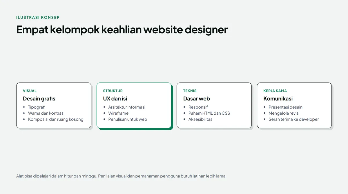 Diagram empat kelompok keahlian website designer: visual berisi tipografi, warna dan kontras, komposisi; struktur berisi arsitektur informasi, wireframe, penulisan untuk web yang disorot hijau; teknis berisi responsif, paham HTML dan CSS, aksesibilitas; kerja sama berisi presentasi desain, mengelola revisi, serah terima ke developer
