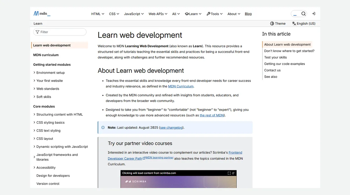 Tangkapan layar halaman Learn web development di MDN: judul Learn web development, penjelasan bahwa materi ini berisi tutorial terstruktur untuk keterampilan front-end, daftar modul di kiri seperti Your first website, Structuring content with HTML, CSS styling basics, CSS layout, Accessibility, dan Design for developers