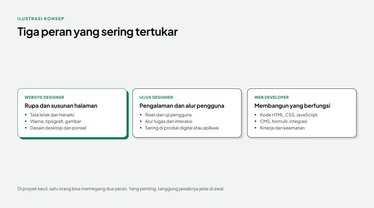 Diagram tiga kartu peran: website designer yang disorot hijau mengurus tata letak, warna, tipografi, gambar, dan desain desktop serta ponsel; UI/UX designer mengurus riset, alur tugas, dan interaksi; web developer mengurus kode HTML, CSS, JavaScript, CMS, formulir, kinerja, dan keamanan