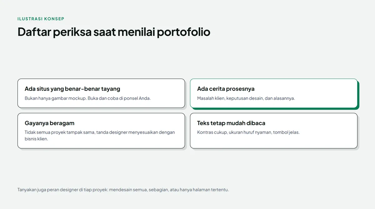 Diagram daftar periksa menilai portofolio website designer: ada situs yang benar benar tayang, ada cerita prosesnya yang disorot hijau, gayanya beragam, dan teks tetap mudah dibaca, dengan catatan untuk menanyakan peran designer di tiap proyek