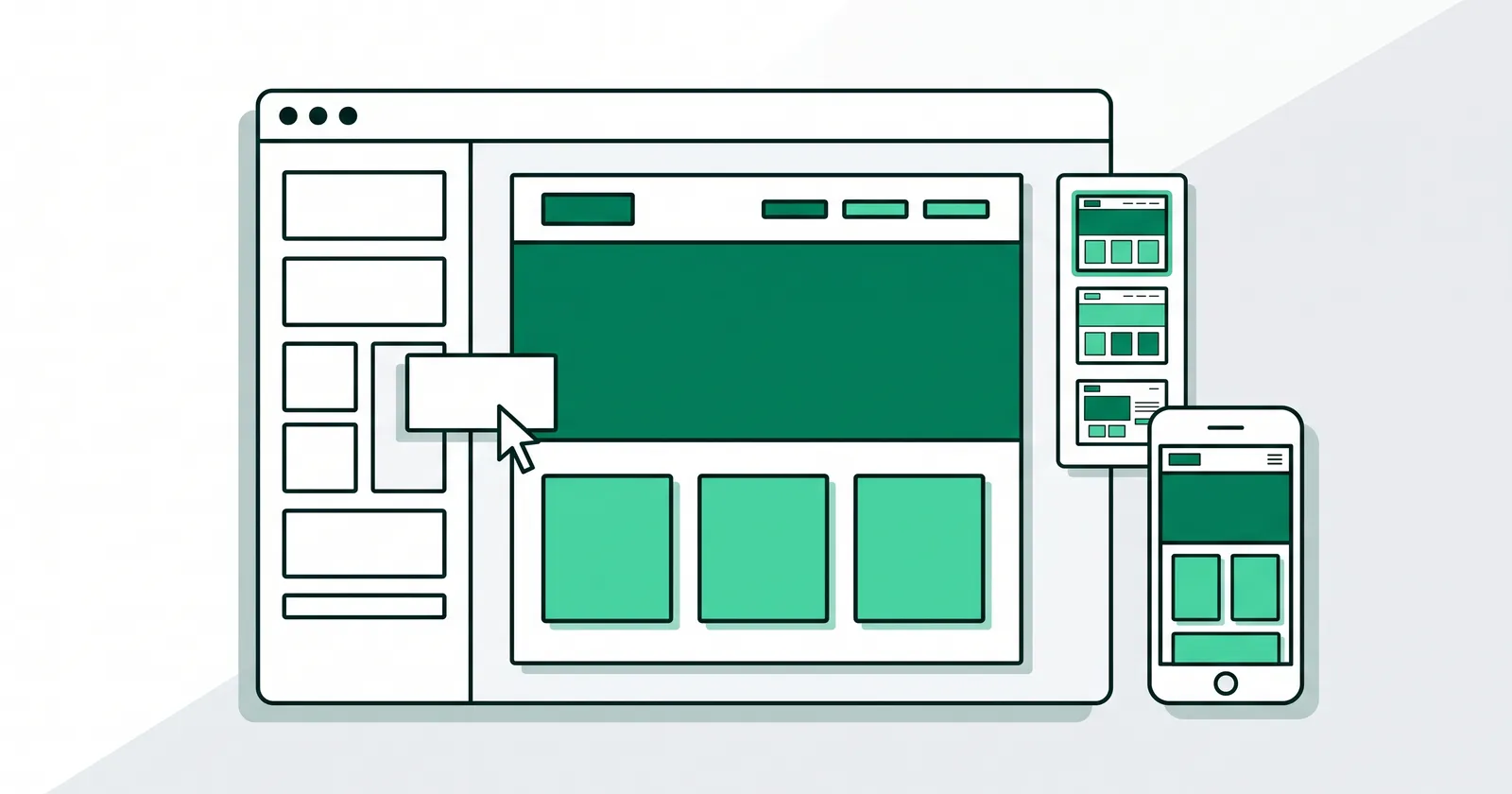 Ilustrasi vektor datar: jendela browser berisi editor website dengan panel blok di kiri, satu blok sedang diseret ke kanvas halaman, di sampingnya tiga gambar mini template dan ponsel yang menampilkan halaman yang sama