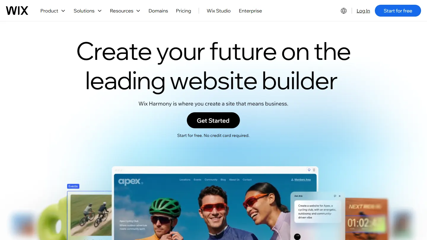 Tangkapan layar beranda wix.com: menu Product, Solutions, Resources, Domains, Pricing, Wix Studio, Enterprise, judul besar Create your future on the leading website builder, kalimat Wix Harmony is where you create a site that means business, tombol Get Started, dan contoh website klub sepeda di bawahnya