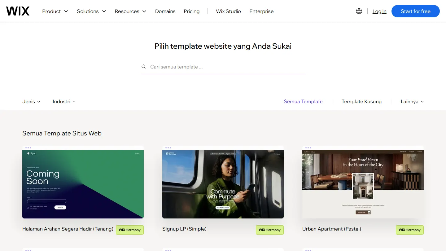 Tangkapan layar galeri template wix.com versi bahasa Indonesia: judul Pilih template website yang Anda Sukai, kolom pencarian template, filter Jenis dan Industri, tab Semua Template dan Template Kosong, serta tiga kartu template bertanda Wix Harmony