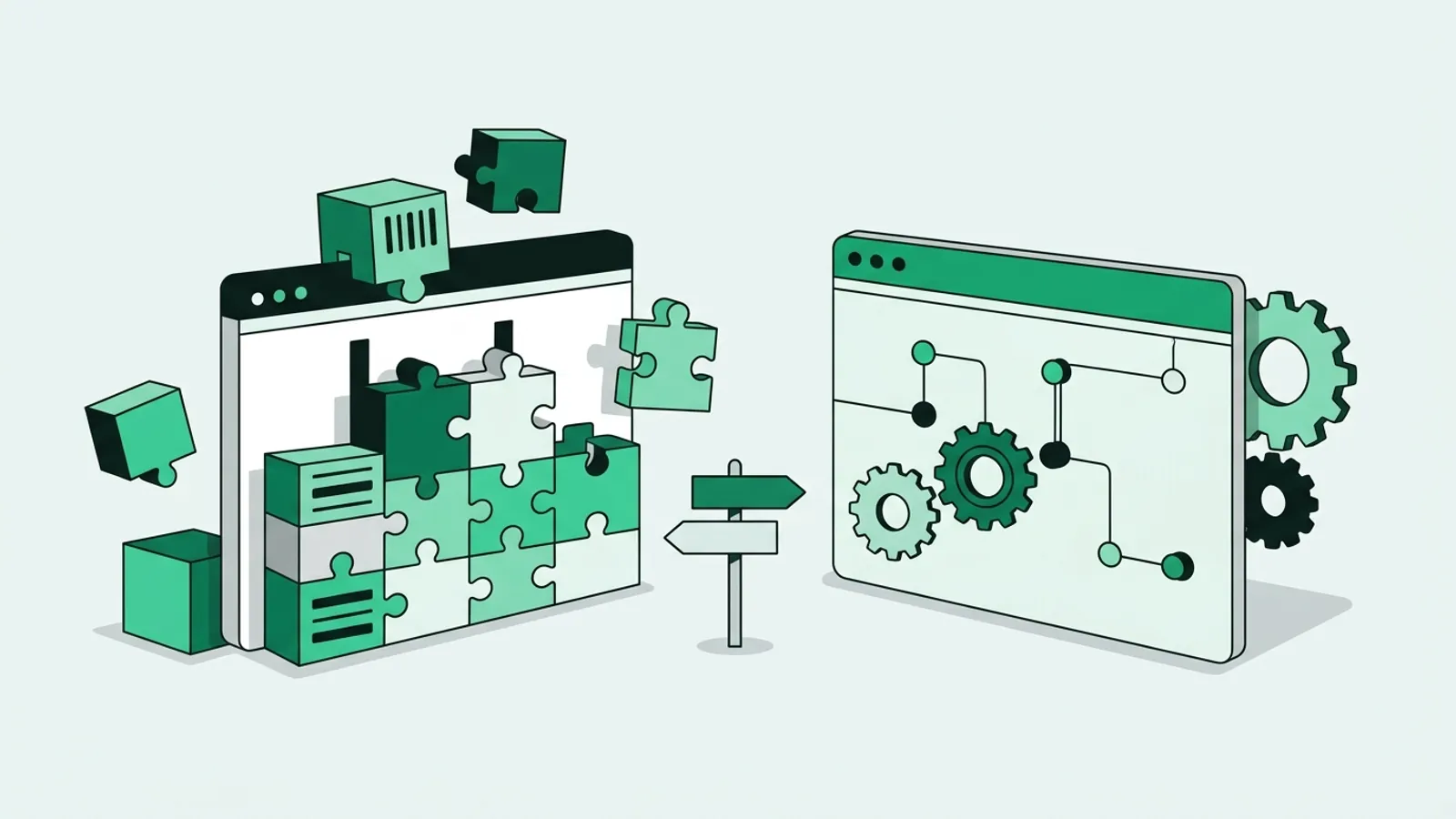 Ilustrasi vektor datar: dua jendela browser, satu dirakit dari blok modular dan kepingan puzzle, satu berupa lembar utuh dengan roda gigi dan bagan alur, dipisah papan penunjuk arah