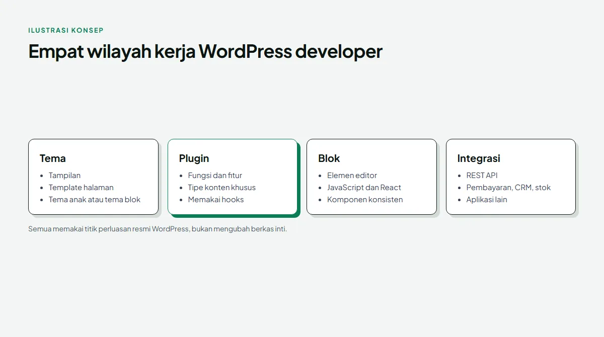 Diagram empat wilayah kerja WordPress developer: tema untuk tampilan dan template, plugin untuk fungsi dan fitur, blok untuk elemen editor yang dibangun dengan JavaScript dan React, dan integrasi lewat REST API ke aplikasi lain, dengan wilayah plugin disorot hijau
