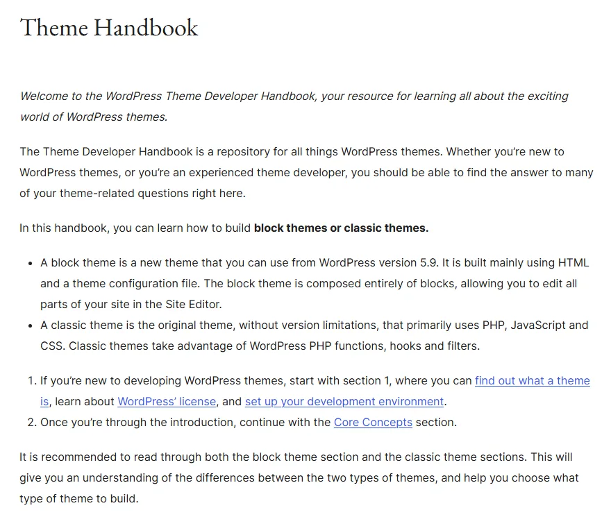 Tangkapan layar halaman Theme Handbook di developer.wordpress.org yang menjelaskan dua jenis tema, yaitu tema blok yang seluruhnya tersusun dari blok dan bisa diedit di Site Editor serta tema klasik yang terutama memakai PHP, JavaScript, dan CSS
