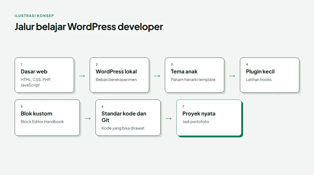 Diagram jalur belajar WordPress developer dalam tujuh tahap: dasar web, WordPress lokal, tema anak, plugin kecil, blok kustom, standar kode dan Git, lalu proyek nyata sebagai portofolio, dengan tahap proyek nyata disorot hijau