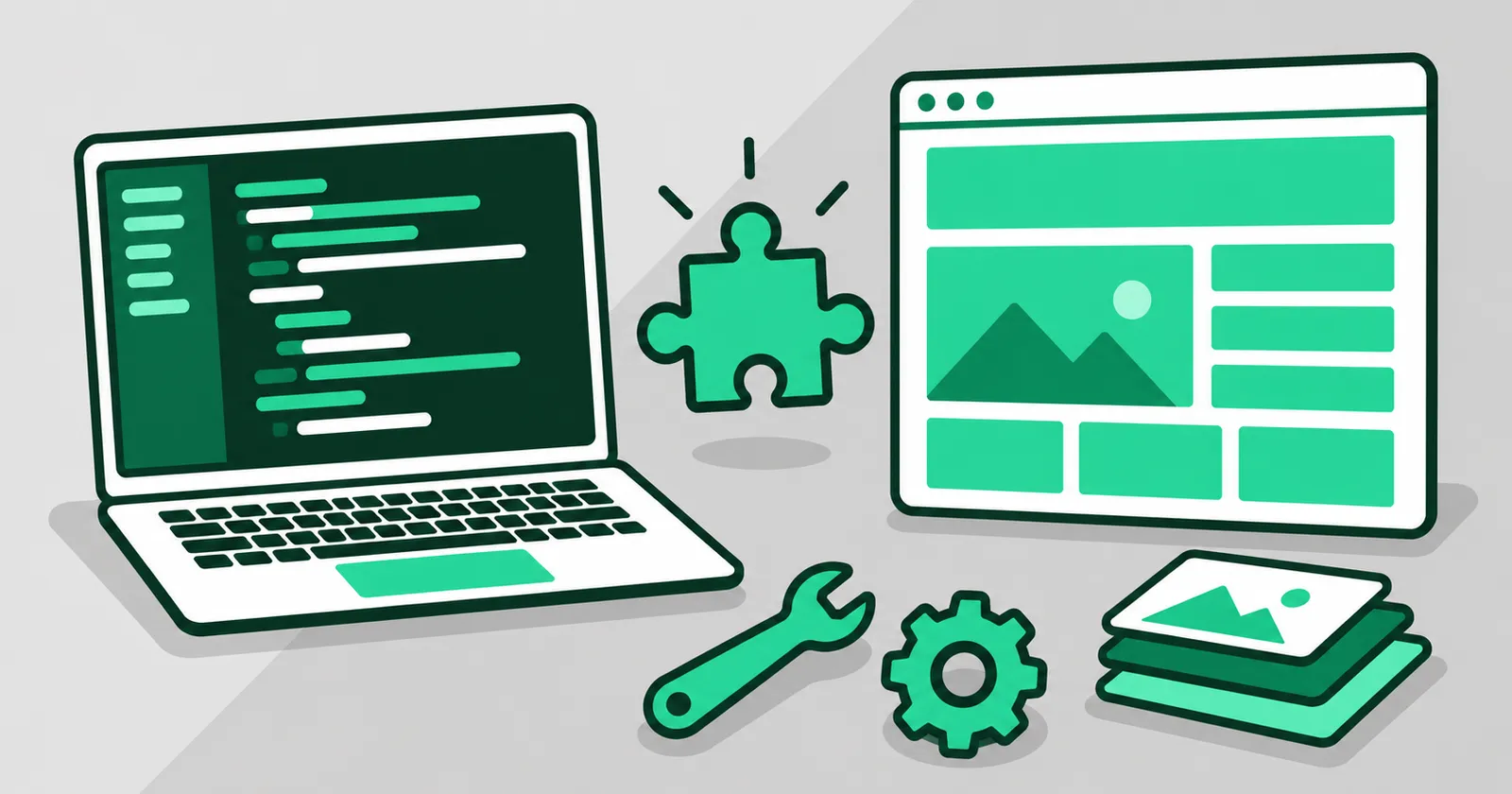 Ilustrasi vektor datar: laptop terbuka menampilkan editor kode dengan baris berwarna, di sebelahnya jendela browser besar tersusun dari blok tata letak hijau, kepingan puzzle melayang di antaranya, kunci pas, roda gigi, dan tumpukan tiga kartu bergambar