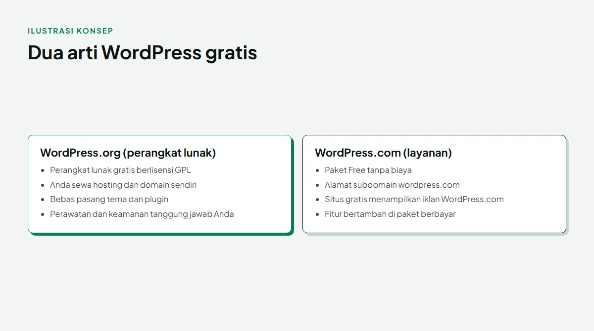 Diagram dua arti WordPress gratis: WordPress.org sebagai perangkat lunak gratis berlisensi GPL yang dipasang di hosting dan domain sewaan sendiri, bebas memasang tema dan plugin, perawatan menjadi tanggung jawab pemilik; WordPress.com sebagai layanan dengan paket Free tanpa biaya, alamat subdomain wordpress.com, iklan WordPress.com di situs gratis, dan fitur bertambah di paket berbayar