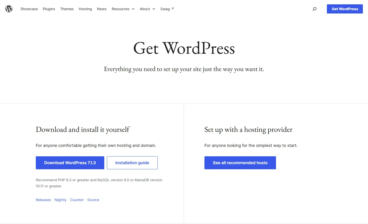 Tangkapan layar halaman Get WordPress di wordpress.org: menu Showcase, Plugins, Themes, Hosting, News, Resources, About, Swag, judul Get WordPress, lalu dua kolom: Download and install it yourself dengan tombol Download WordPress 7.1.3 dan Installation guide serta rekomendasi PHP 8.3 atau lebih baru dan MySQL 8.0 atau MariaDB 10.11 atau lebih baru, dan Set up with a hosting provider dengan tombol See all recommended hosts