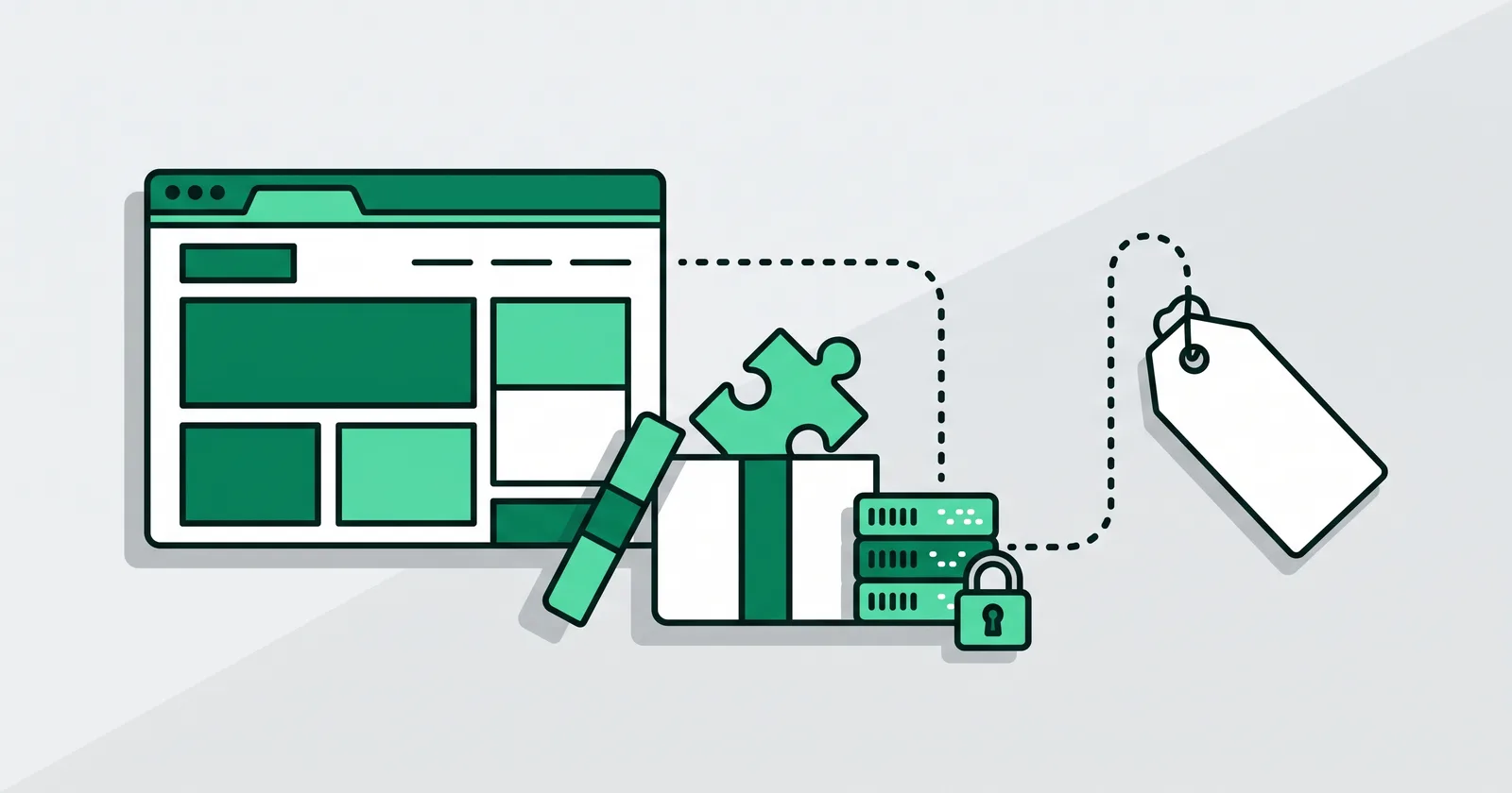 Ilustrasi vektor datar: jendela browser berisi halaman blog dengan blok hijau, di sampingnya kotak hadiah terbuka berisi kepingan puzzle, rak server kecil bergembok, dan garis putus putus menuju label harga yang kosong