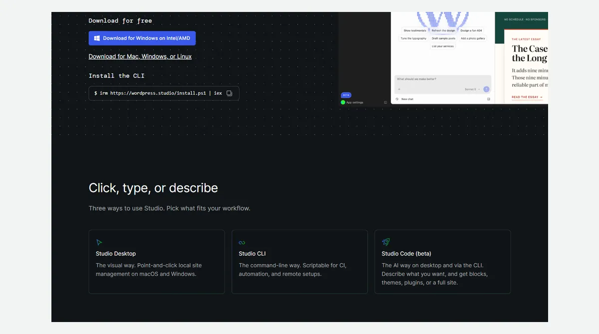 Tangkapan layar halaman WordPress Studio bagian Click, type, or describe dengan tiga kartu: Studio Desktop untuk pengelolaan situs lokal dengan klik, Studio CLI untuk baris perintah dan otomatisasi, dan Studio Code beta sebagai cara AI untuk membuat blok, tema, plugin, atau situs penuh