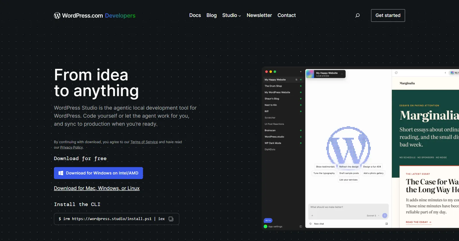 Tangkapan layar halaman WordPress Studio di developer.wordpress.com: judul From idea to anything, penjelasan Studio sebagai alat pengembangan lokal untuk WordPress, tombol Download for Windows on Intel/AMD, perintah instal CLI, dan tampilan aplikasi berisi daftar situs lokal di sisi kiri