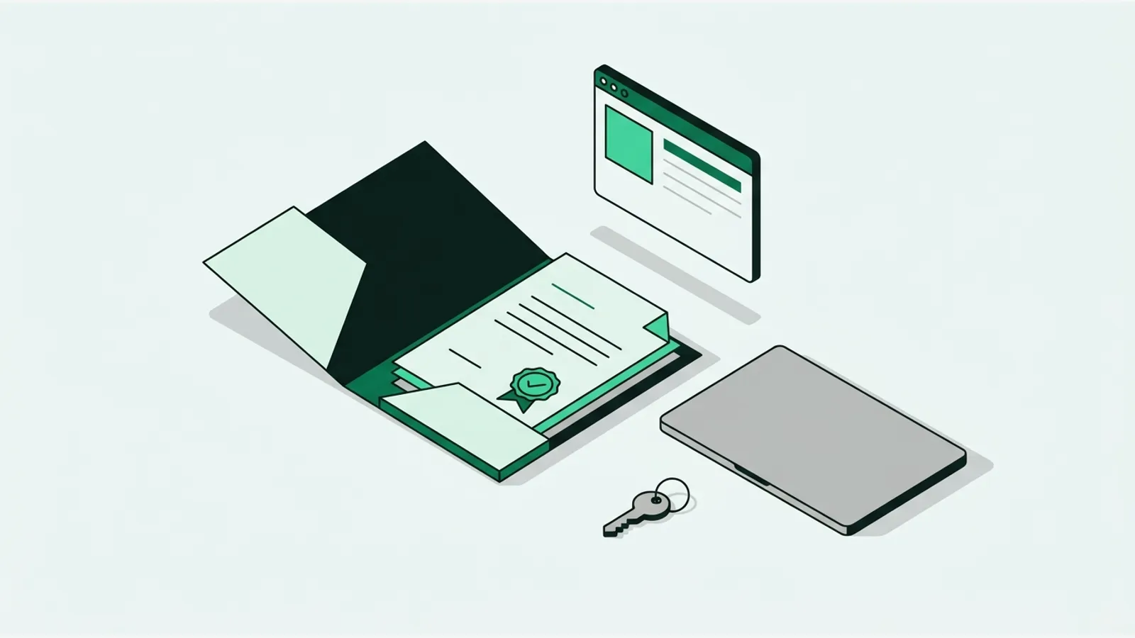 Ilustrasi vektor datar isometrik: map proyek terbuka berisi dokumen bersegel centang hijau, laptop tertutup, sebuah kunci, dan jendela browser yang melayang di atasnya