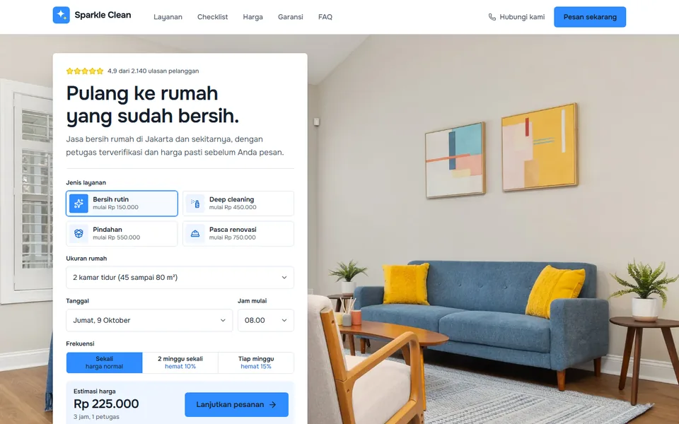 Paro atas demo landing page Sparkle Clean, jasa kebersihan rumah