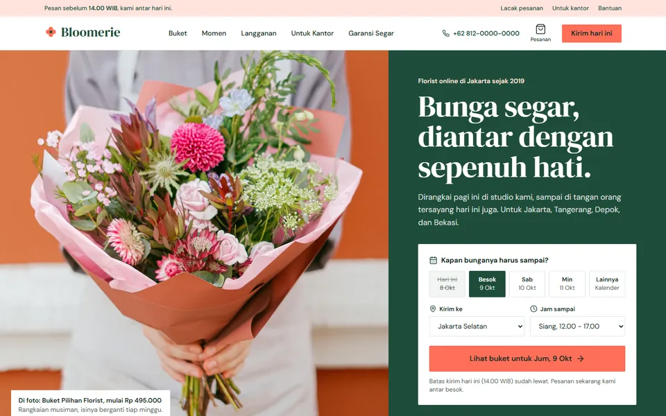 Paro atas demo landing page Bloomerie, toko bunga online